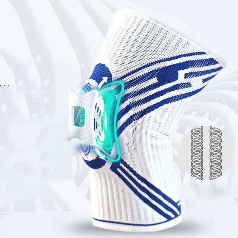 Blue, yellow, and grey high elasticity cotton knee pads for adult sports like basketball and running.