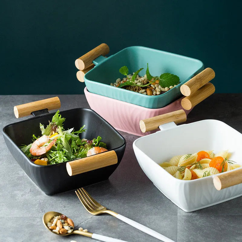 Porcelain serving bowl with lid in irregular shape, available in four colour options
