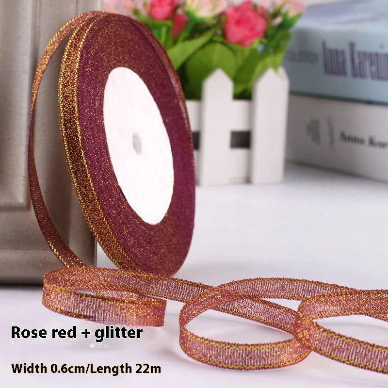 Roll of narrow 0.6cm wide polyester decorative ribbon in multiple colour options including metallic finishes