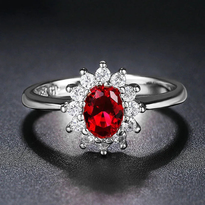 Copper women's ring with zirconium floral setting in green, blue or red colour options