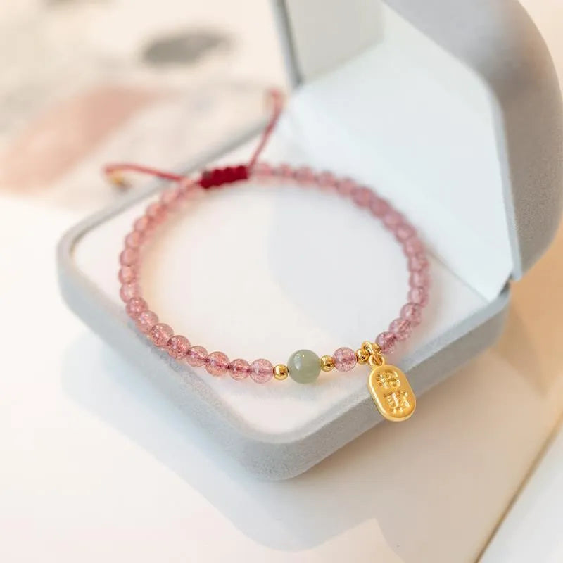 Strawberry quartz and garnet bead bracelet with hand-woven red rope in simple women's design