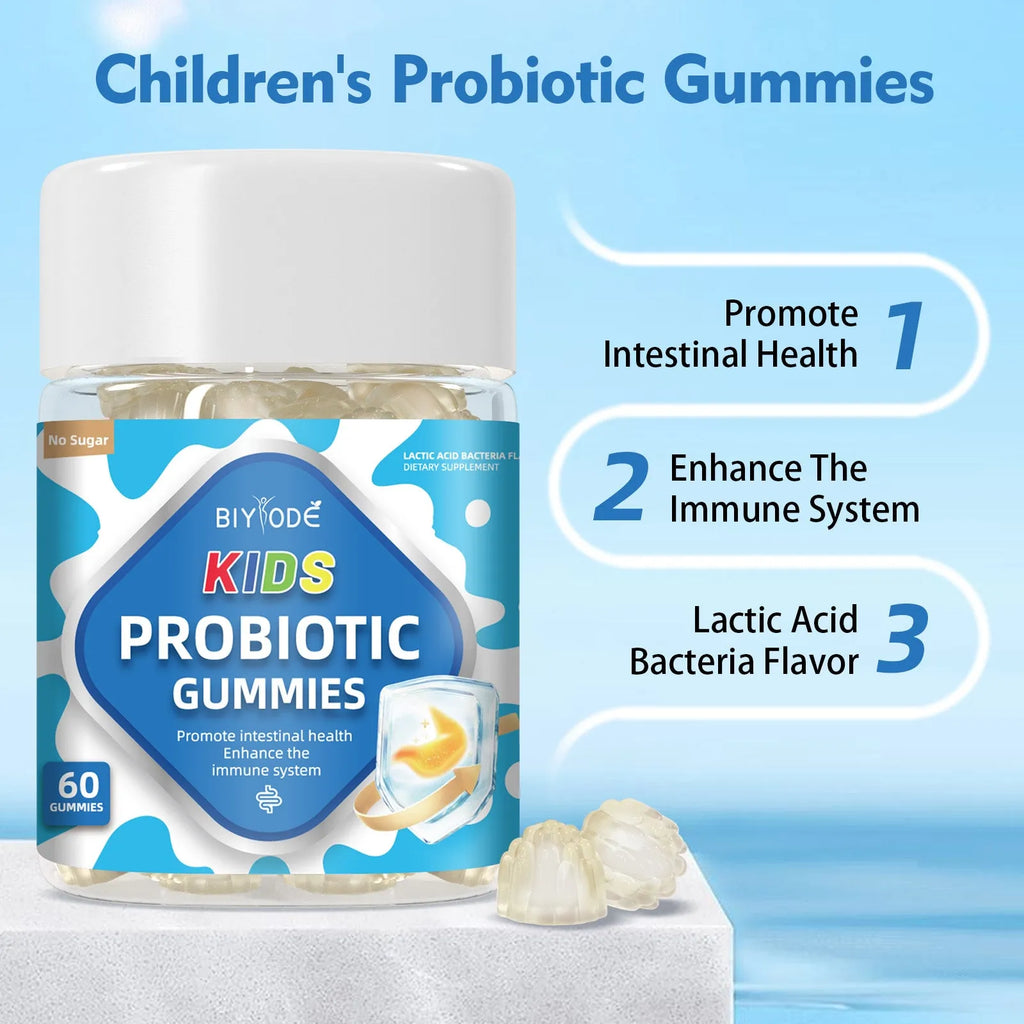 Bottle of children probiotics gummies with vitamins for digestion and immunity, 60 count