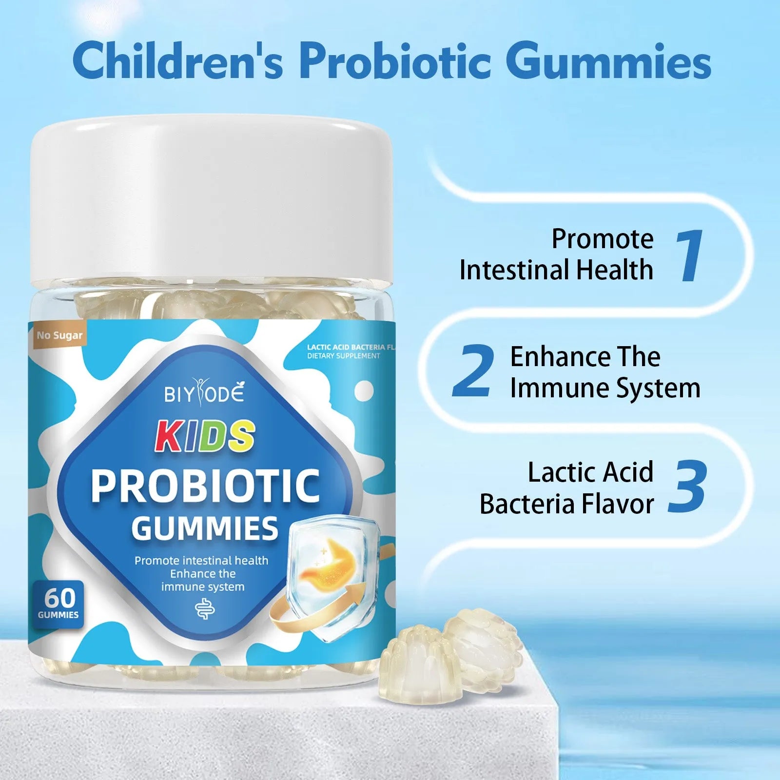 Bottle of children probiotics gummies with vitamins for digestion and immunity, 60 count