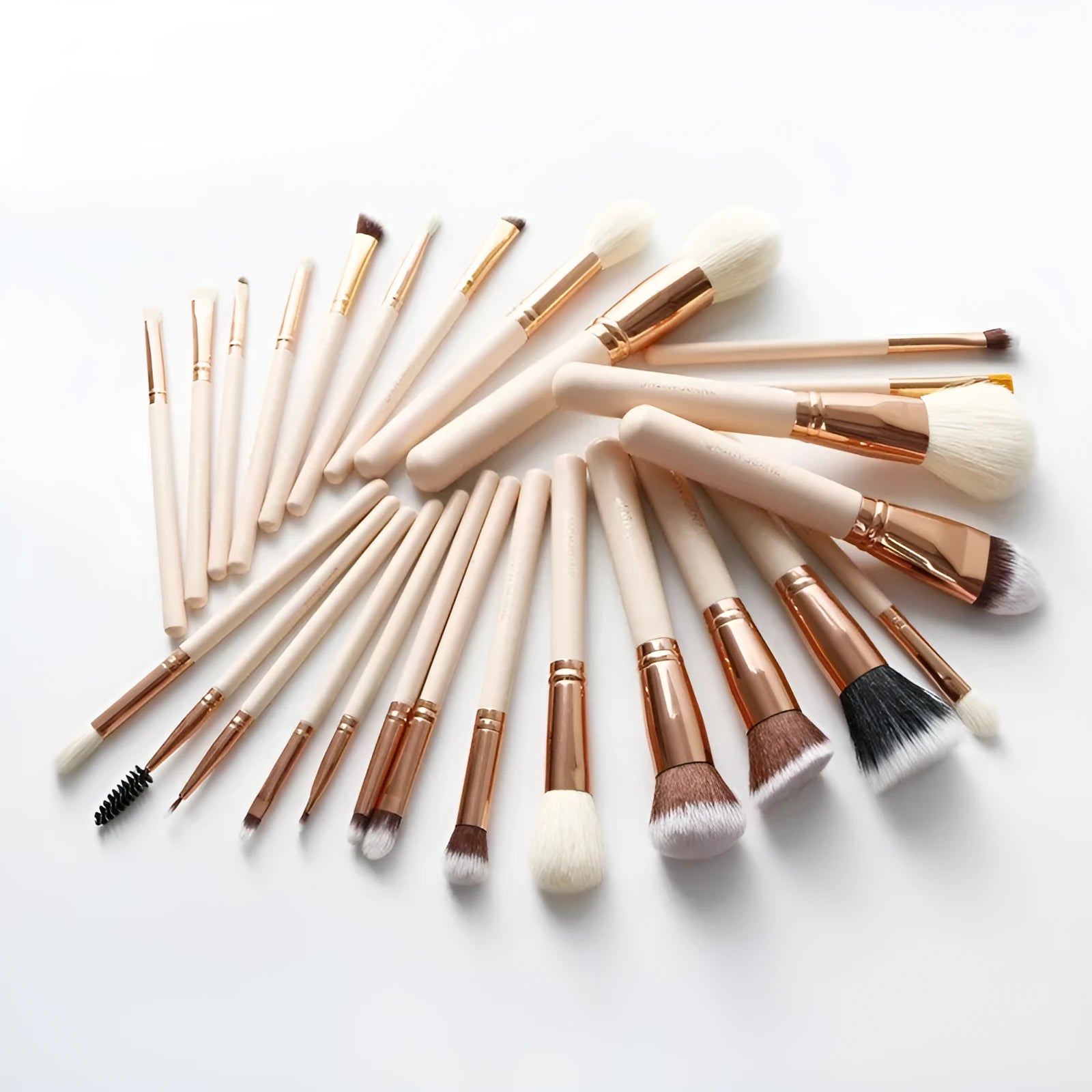 26 pink makeup brushes with wooden handles arranged in a PU storage bag
