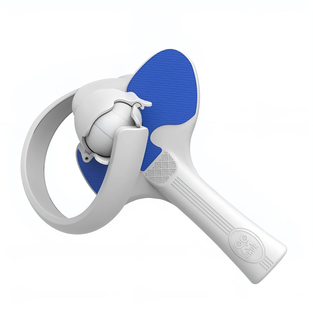 Red and blue plastic silicone table tennis racket hand grip for PICO 4 VR controllers.