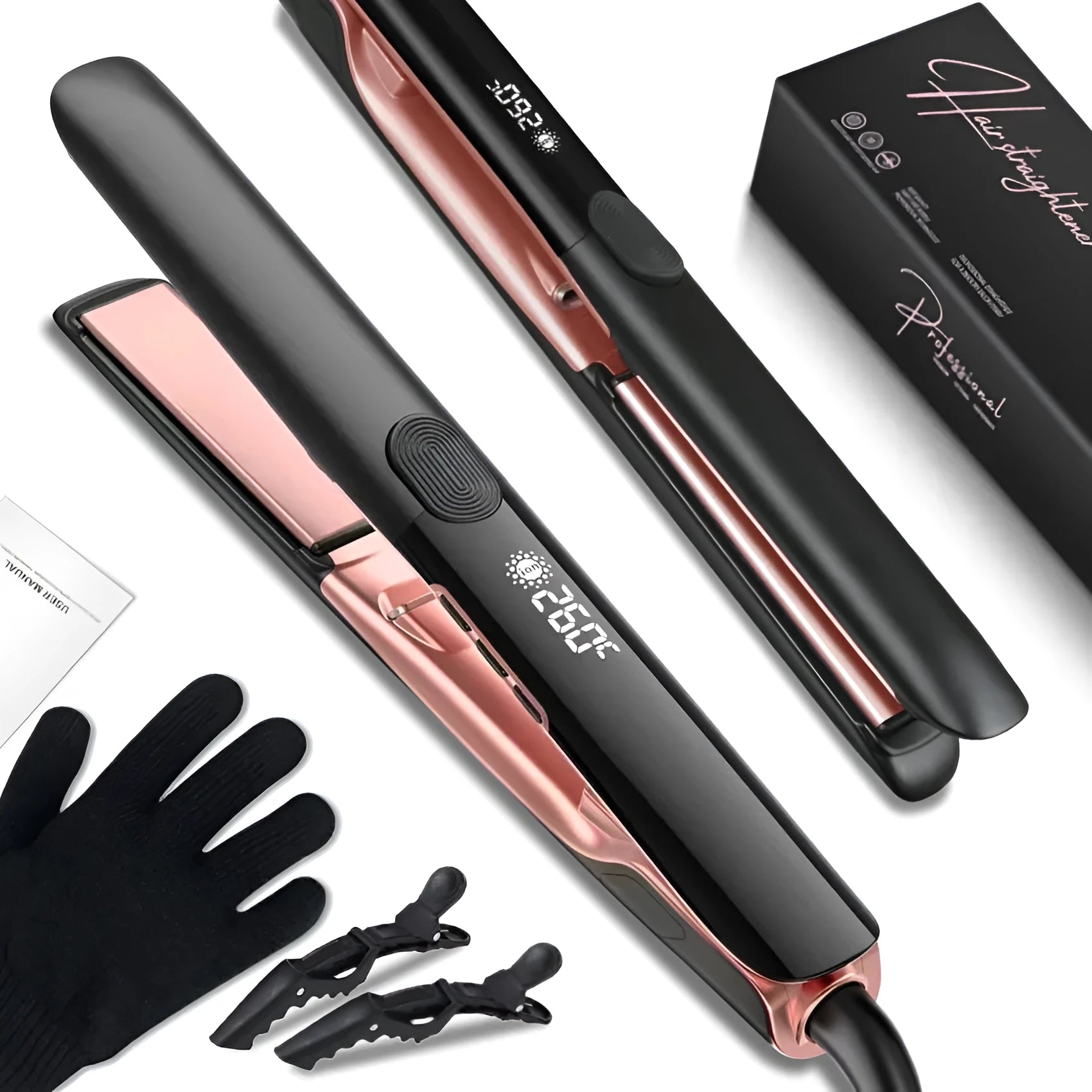 White ceramic hair straightener with temperature display showing 207°C setting