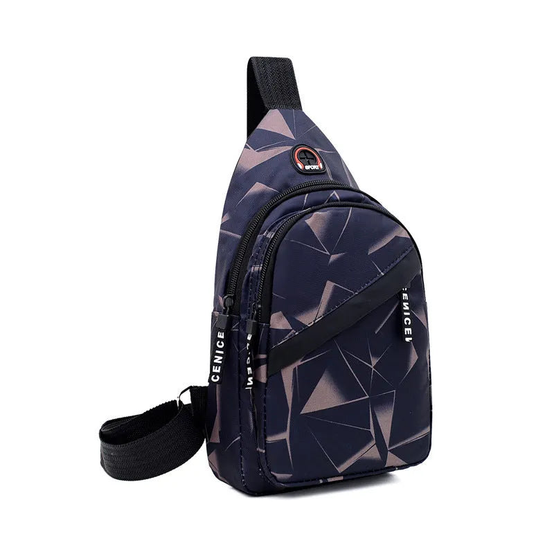Men's black print sling chest bag with earphone hole and zipper, showing inner patch pocket.