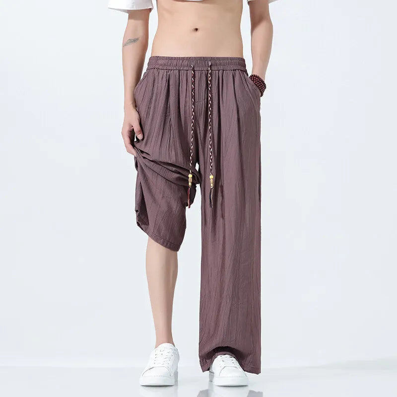 Men's straight-leg bamboo fibre trousers in black, wide leg casual style mid waist fit