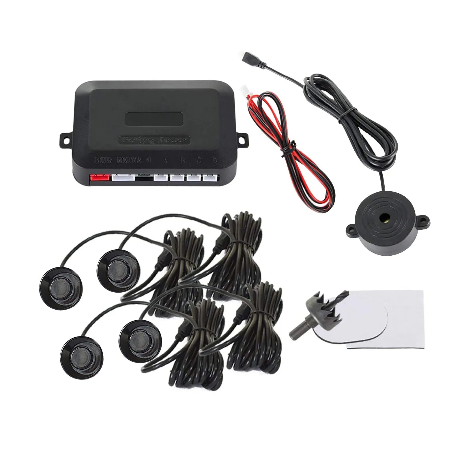 4-probe buzzer reversing radar system with sensors, control module, and installation tools for car parking safety