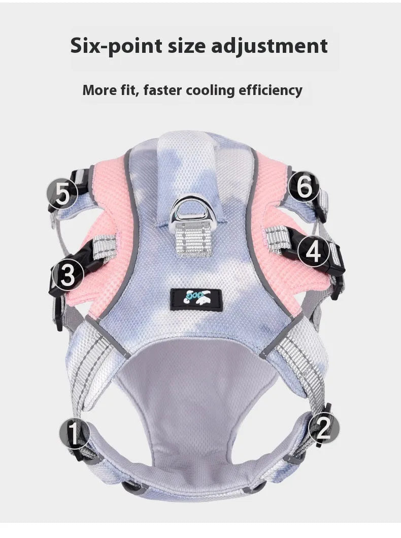 Reflective light blue dog cooling chest strap made of polyester fabric on a dog.