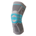 Sky blue elastic fibre knee pad with silicone protection for sports.