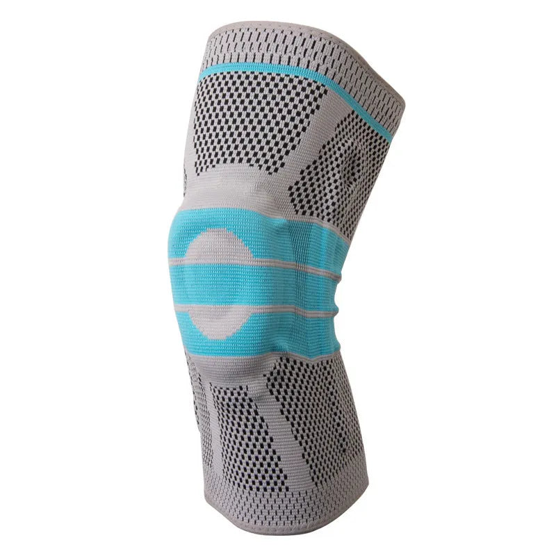 Sky blue elastic fibre knee pad with silicone protection for sports.
