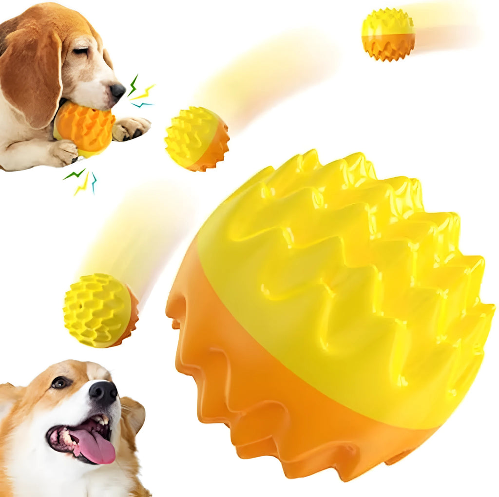 Blue and orange squeaky dog ball toy with spiky texture for teeth cleaning and floating capability