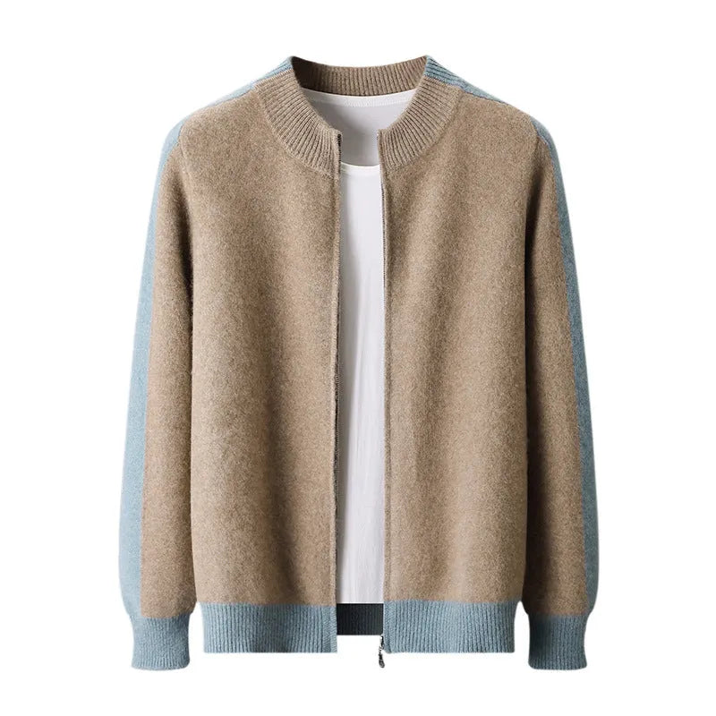 Men's half turtleneck zipper cardigan in thick wool yarn available in multiple colours