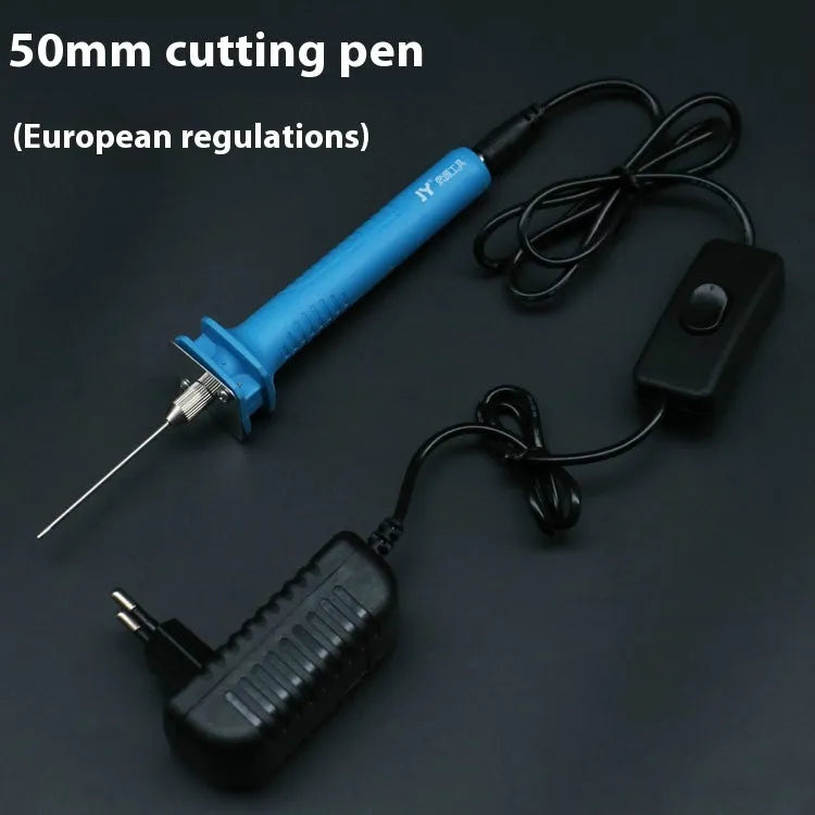 Blue plastic-handled electric hot knife cutter pen for foam with multiple blade sizes and power adapter