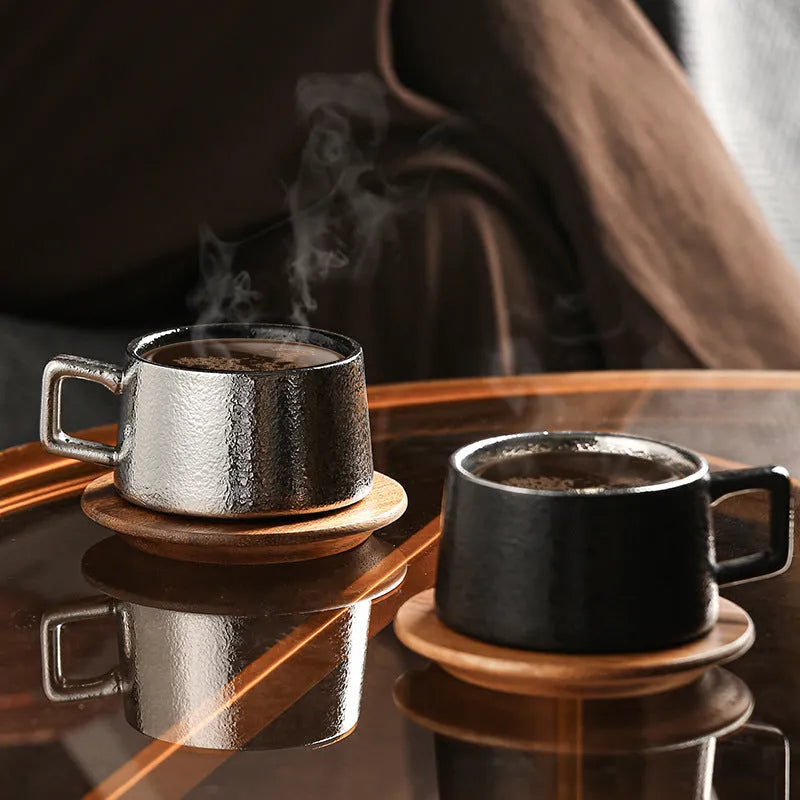 Ceramic coffee tumbler gift set with metal-plated gift box, approximately 250ml capacity, irregular shape