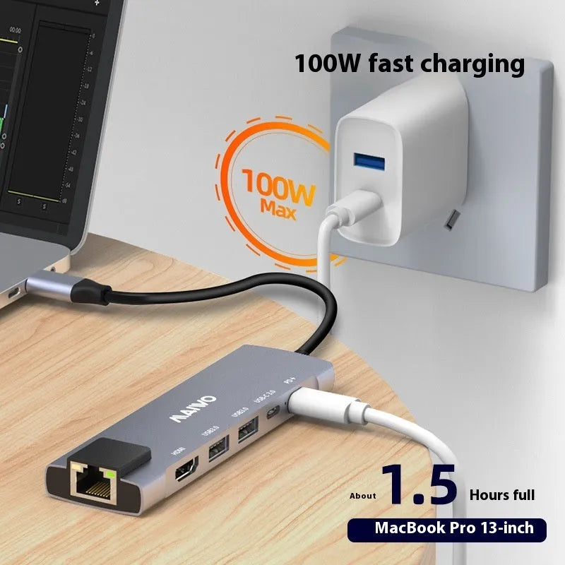 Aluminium alloy Steam Deck six-in-one docking station with 15cm cable, showing HDMI and Ethernet ports.