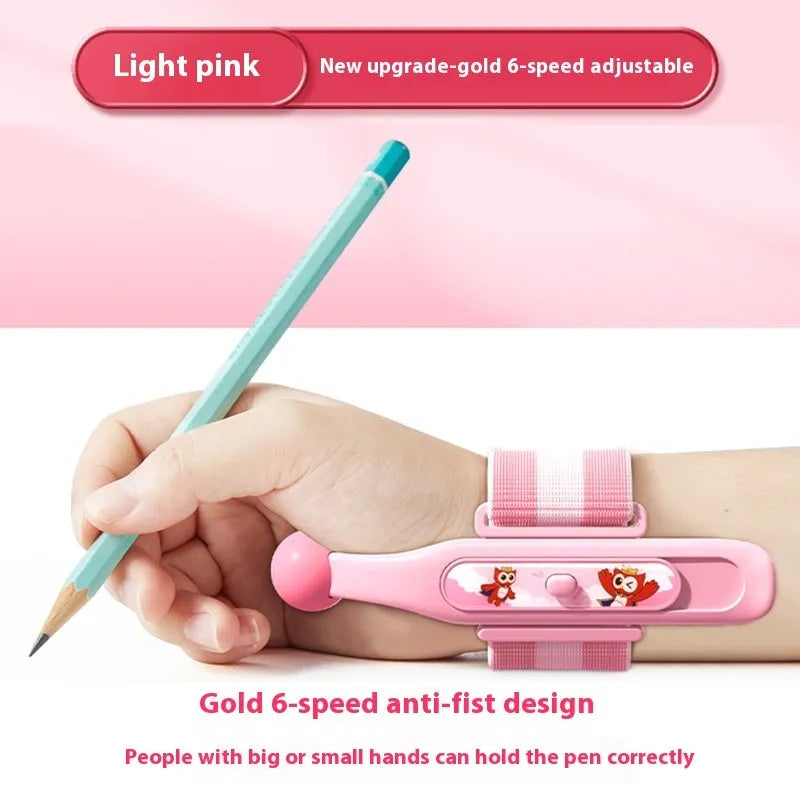 Blue Anti-hook Holder Pen Control Corrector wrist brace on a hand holding a pencil.