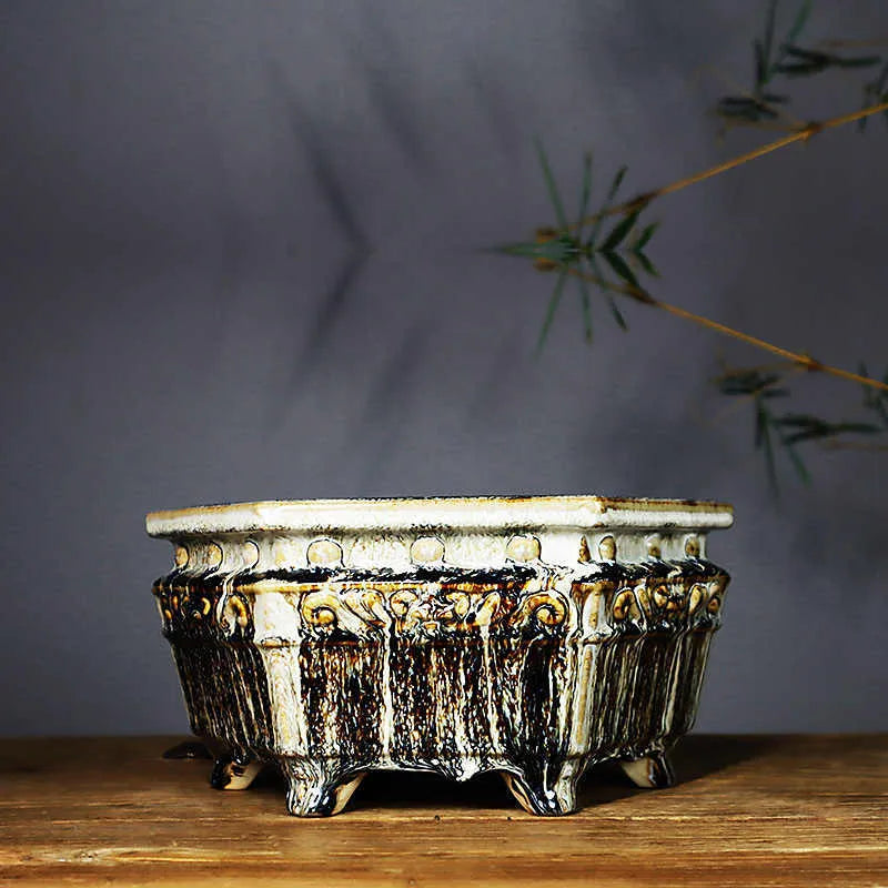 Glazed ceramic drum nail desktop flower pot in emerald green with Zhonglan floral pattern