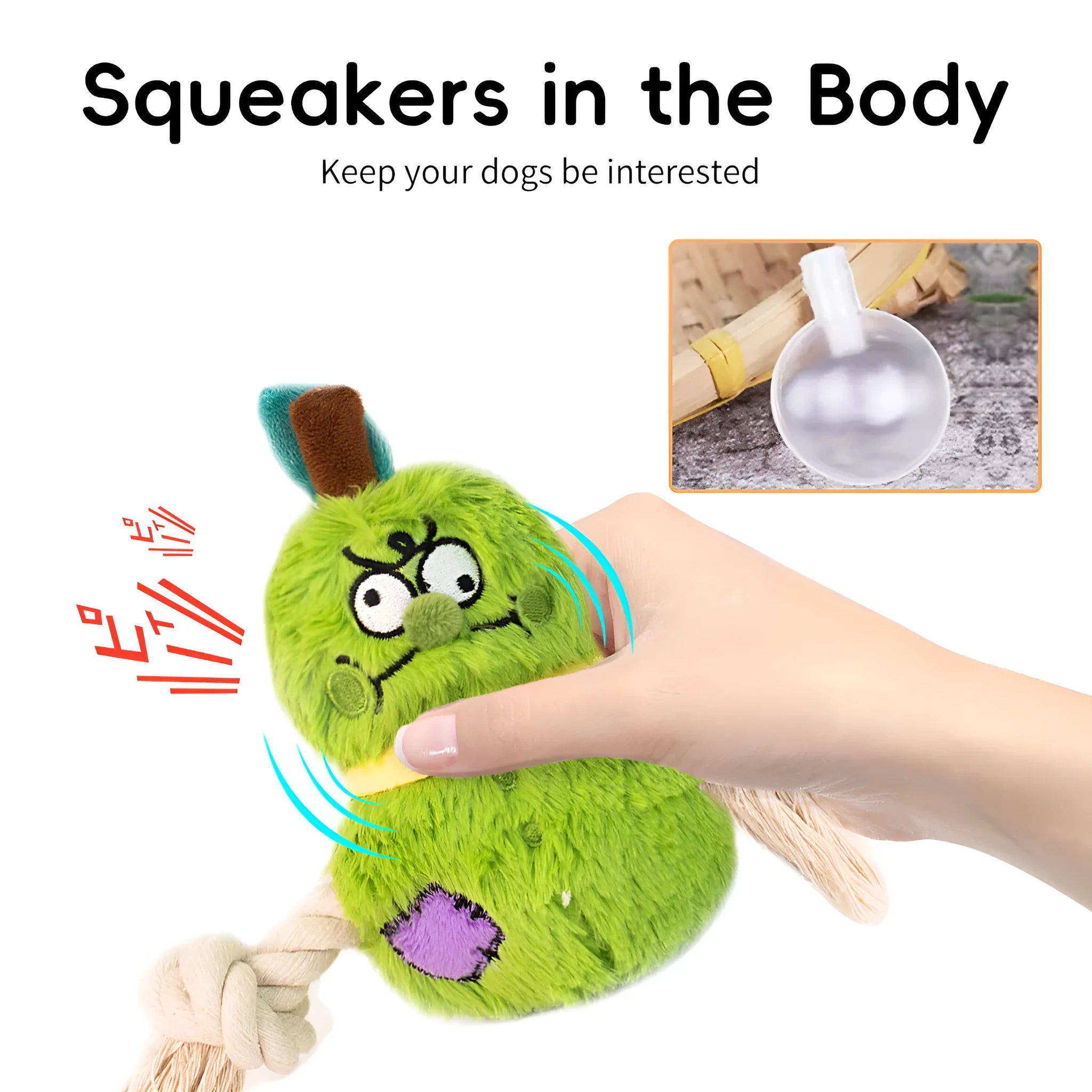 Green and purple interactive dog toy with plush fabric and rope knot construction for tug-of-war games