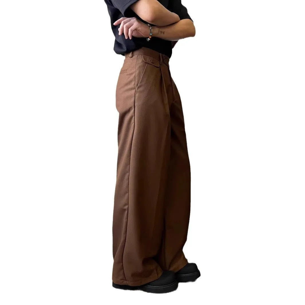 Men's straight-leg wide-leg casual suit pants in black or brown polyester blend fabric