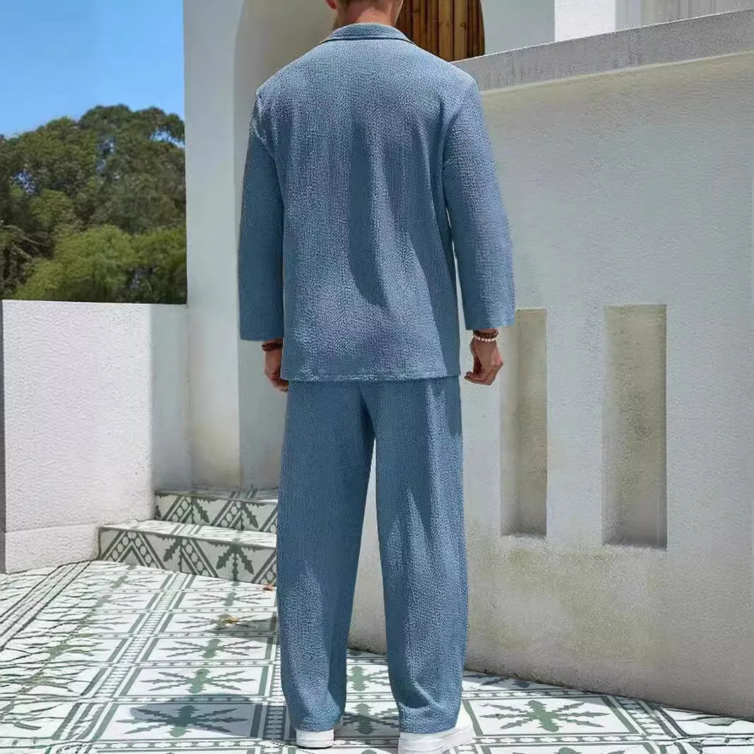 Men's casual commuter suit with shirt-style jacket and matching trousers in polyester fabric