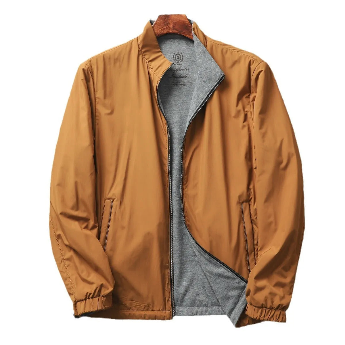 Men's stand collar casual jacket in polyester blend fabric available in multiple colours with Asian sizing options
