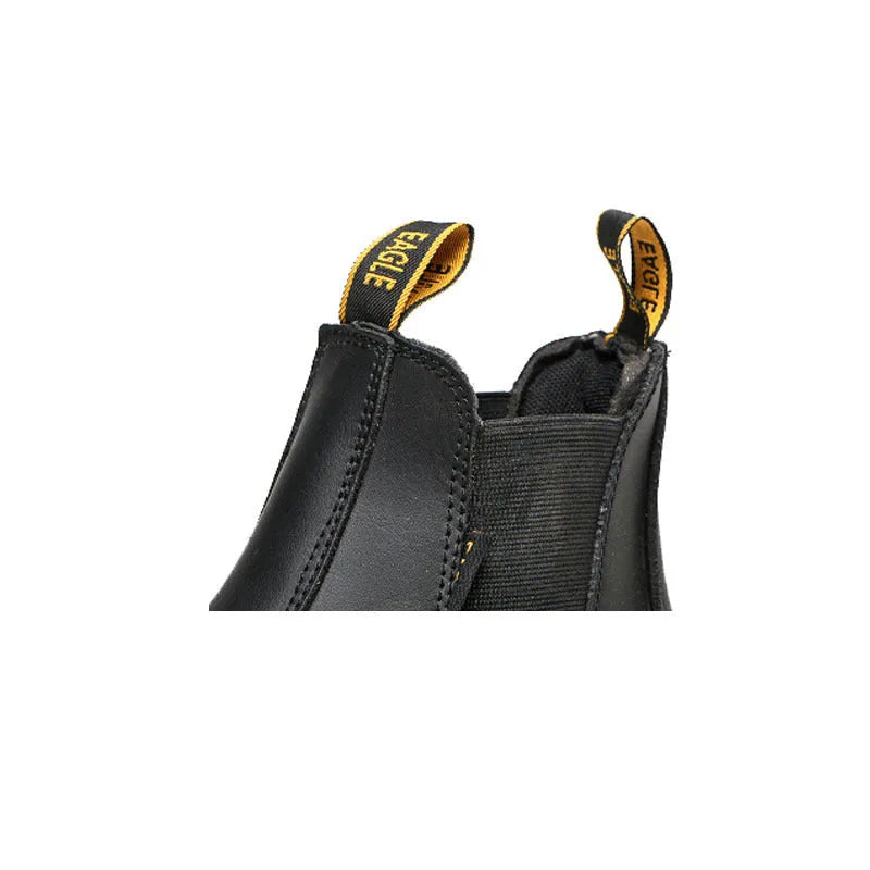 Black leather safety boots with steel toe cap and anti-piercing sole for industrial work