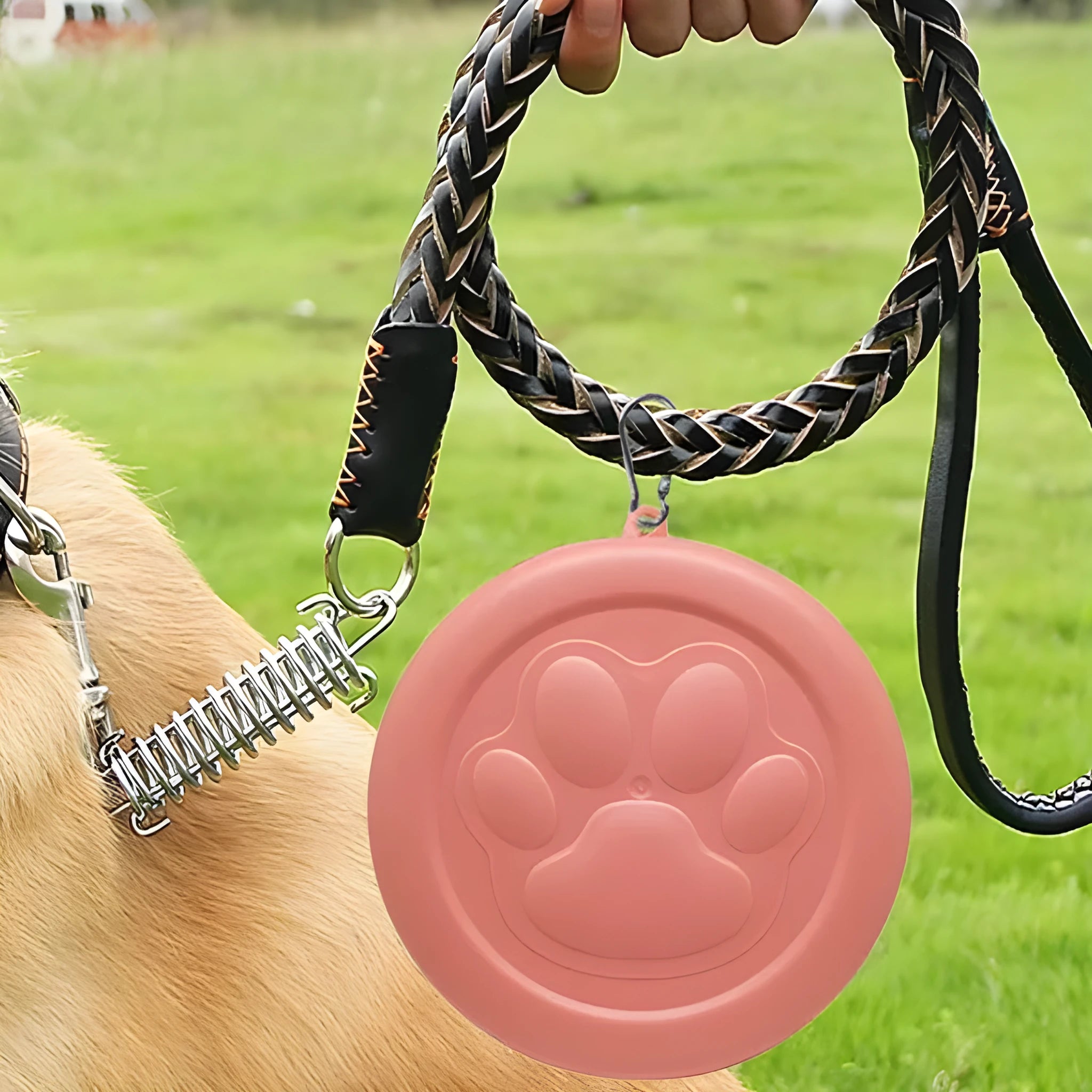 Portable dog food and water bowl with integrated snack box compartments in pink and green colour options.