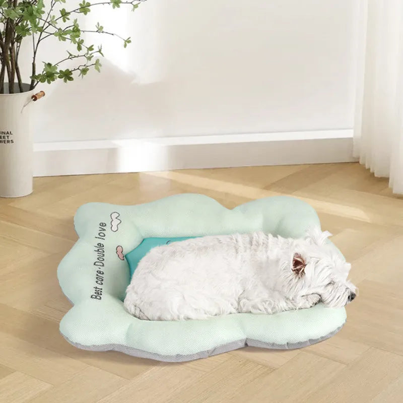Green and pink ice silk pet cooling mat for dogs and cats shown in four different sizes.