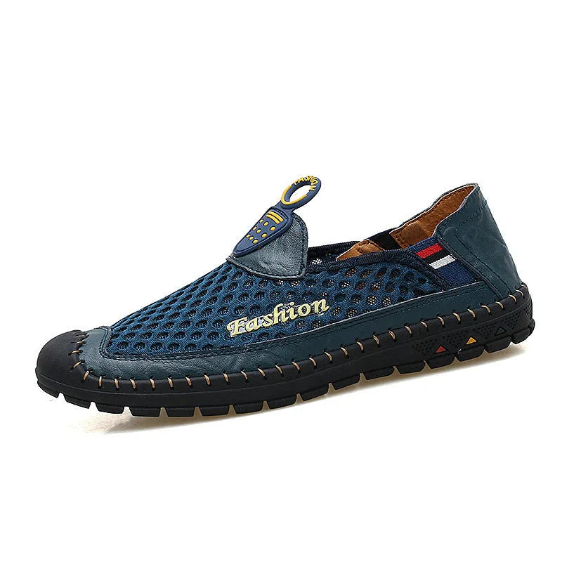 Men's brown casual breathable mesh shoes with round toe and rubber sole