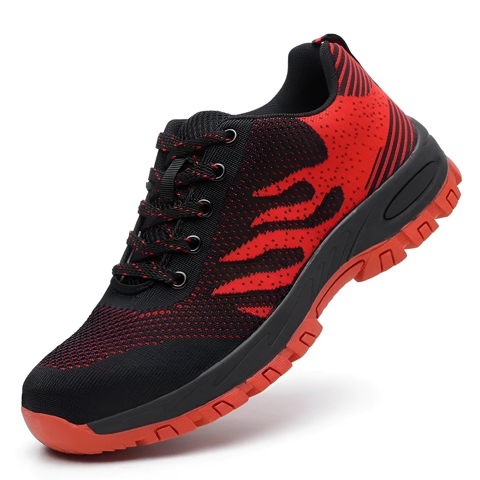 Red steel toe safety shoes with mesh upper showing ventilation holes and protective toe cap