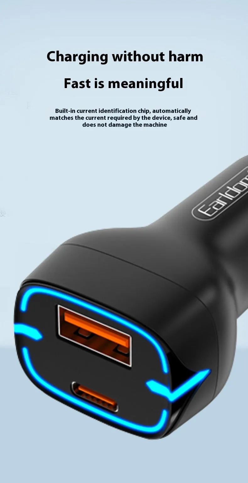 QC3.0 fast car charger with PD USB output, black plastic and metal design, for cigarette lighter socket