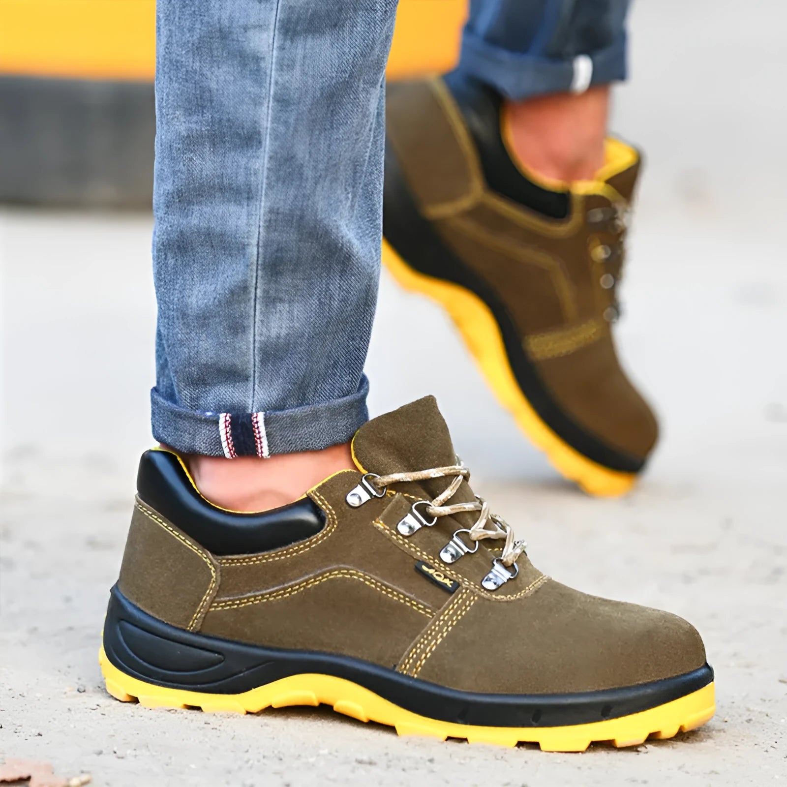 Bronze cow suede steel toe safety shoes with anti-smash protection and solid rubber sole