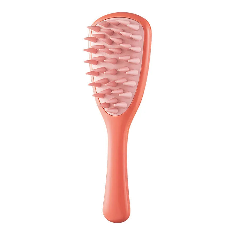 Purple pet silicone shampoo brush with handle on a wet dog coat, designed for gentle bathing and hair removal