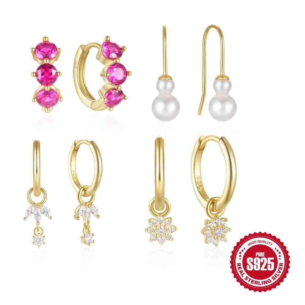 Golden geometric sunflower earrings made from S925 sterling silver with inlaid zircon stones.