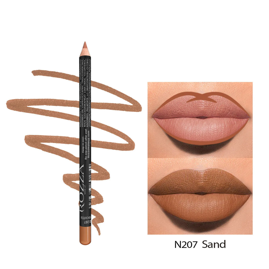 Matte finish lip liner pencil in wood casing showing 14 colour options numbered 201-214