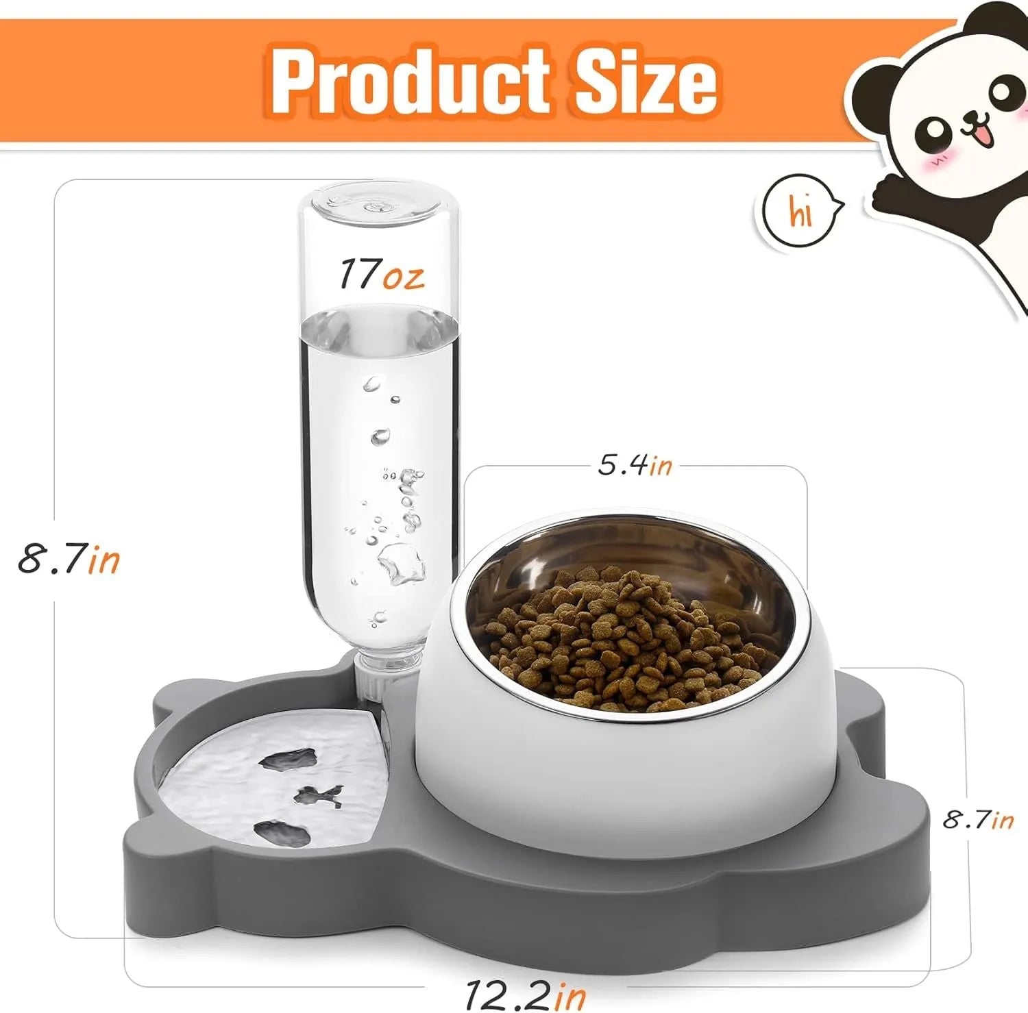 Grey panda-shaped automatic raised pet bowl set with tilted stainless steel bowls and water bottle