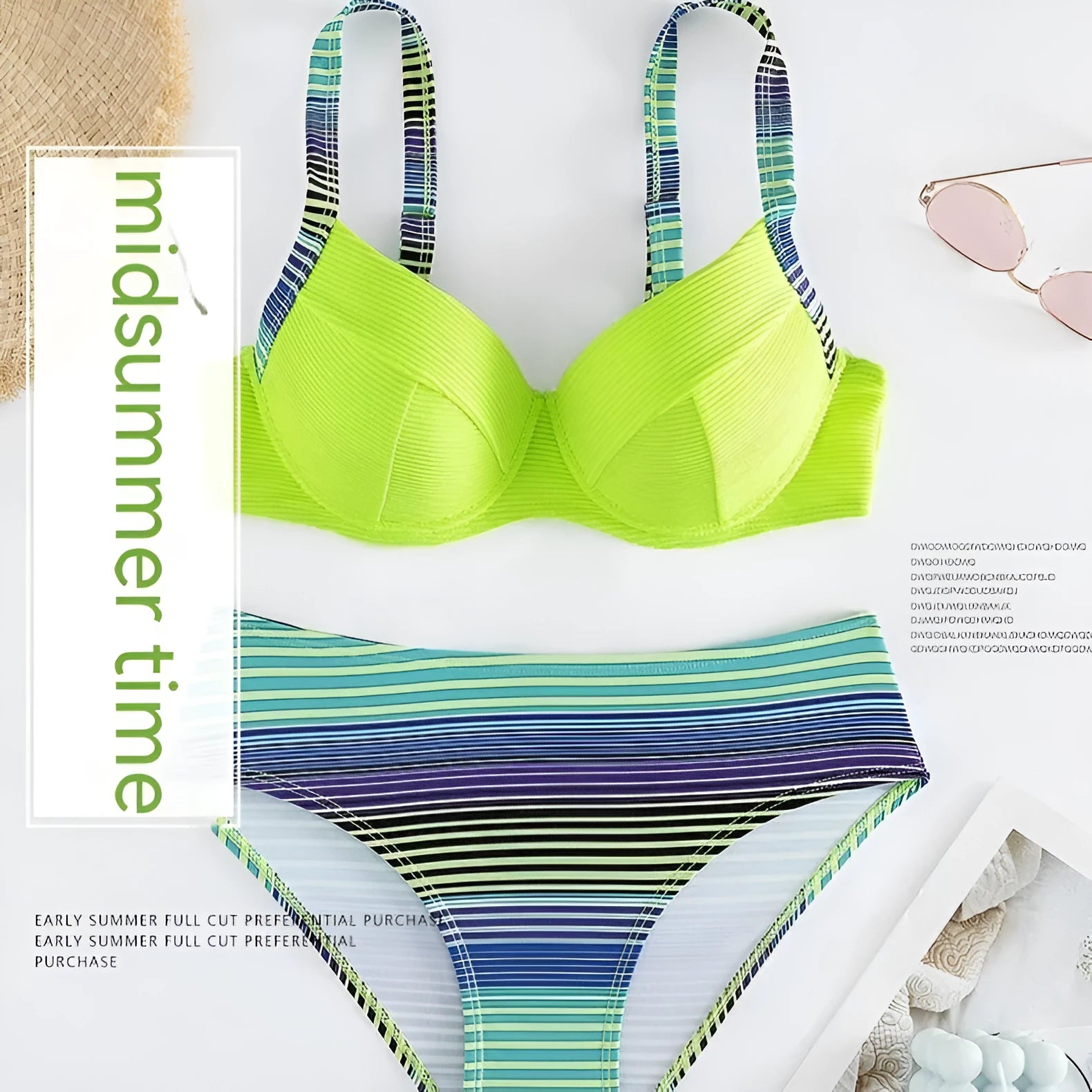 Green printed women's halter bikini set with split briefs on a mannequin