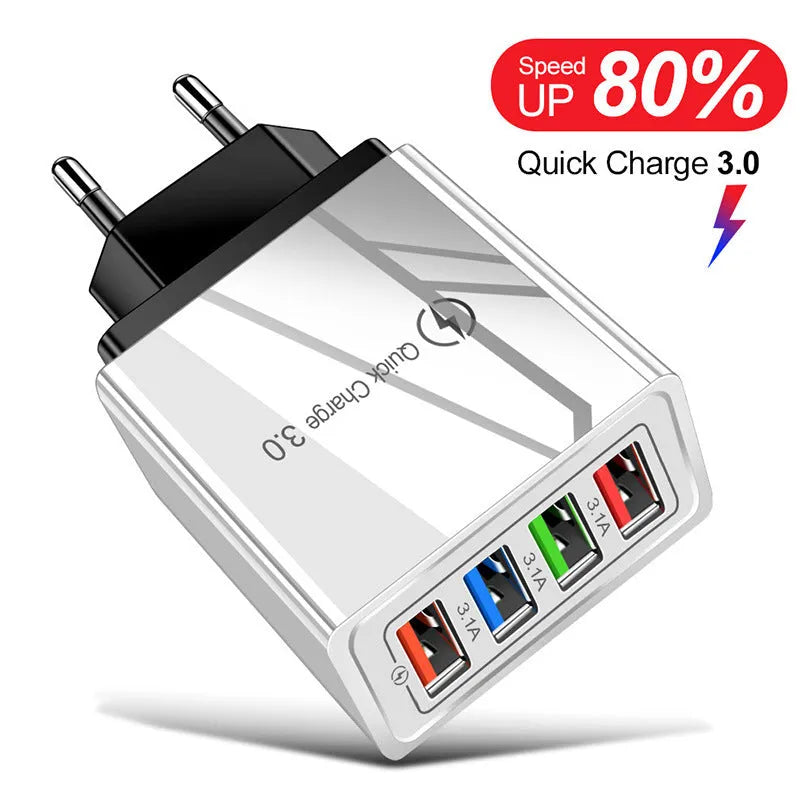 Multi-port 3.1A USB charging head with four ports and interchangeable UK EU US plugs in black colour