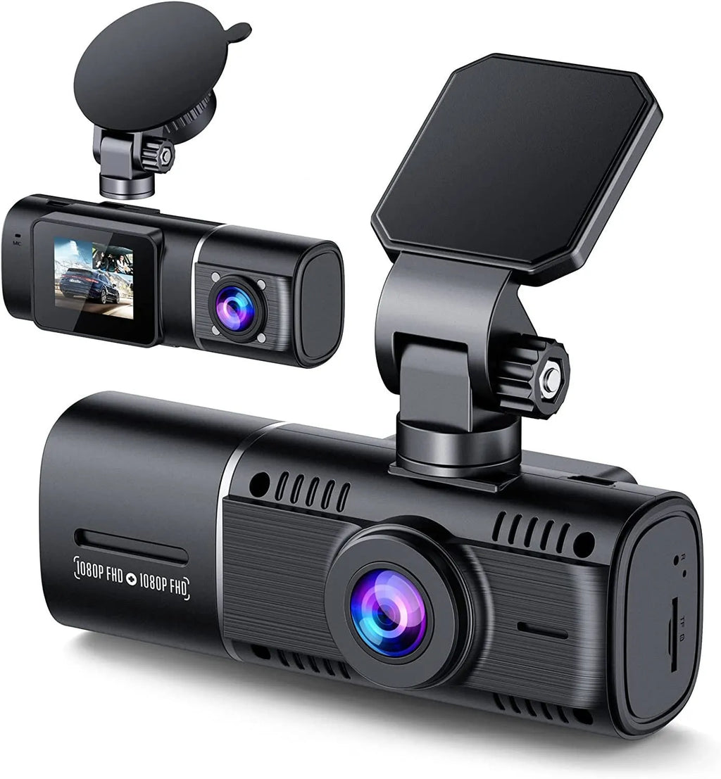 Standard black front and rear dash camera with 1.5-inch screen on a car windscreen.