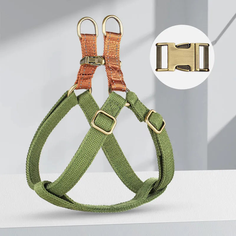 Brown vest-style dog leash with cotton belt, nylon straps, and metal clasp.