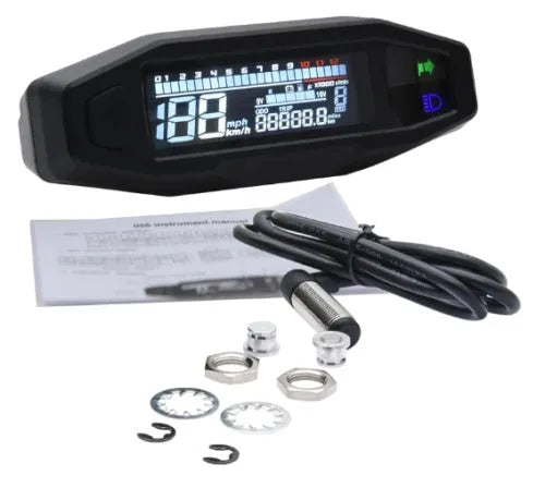 Black motorcycle mini speedometer with LCD display showing speed and oil gauge indicators