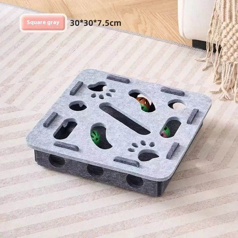 Square wool felt cat toy box with multiple cut-out holes in green brown colour