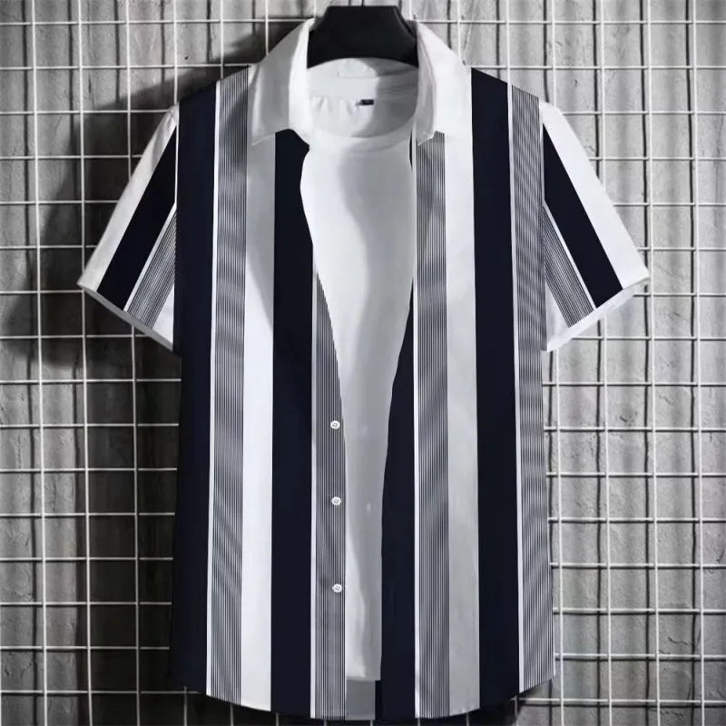 Men's linen short sleeve T-shirt with a 3D printed striped graphic design on the front.