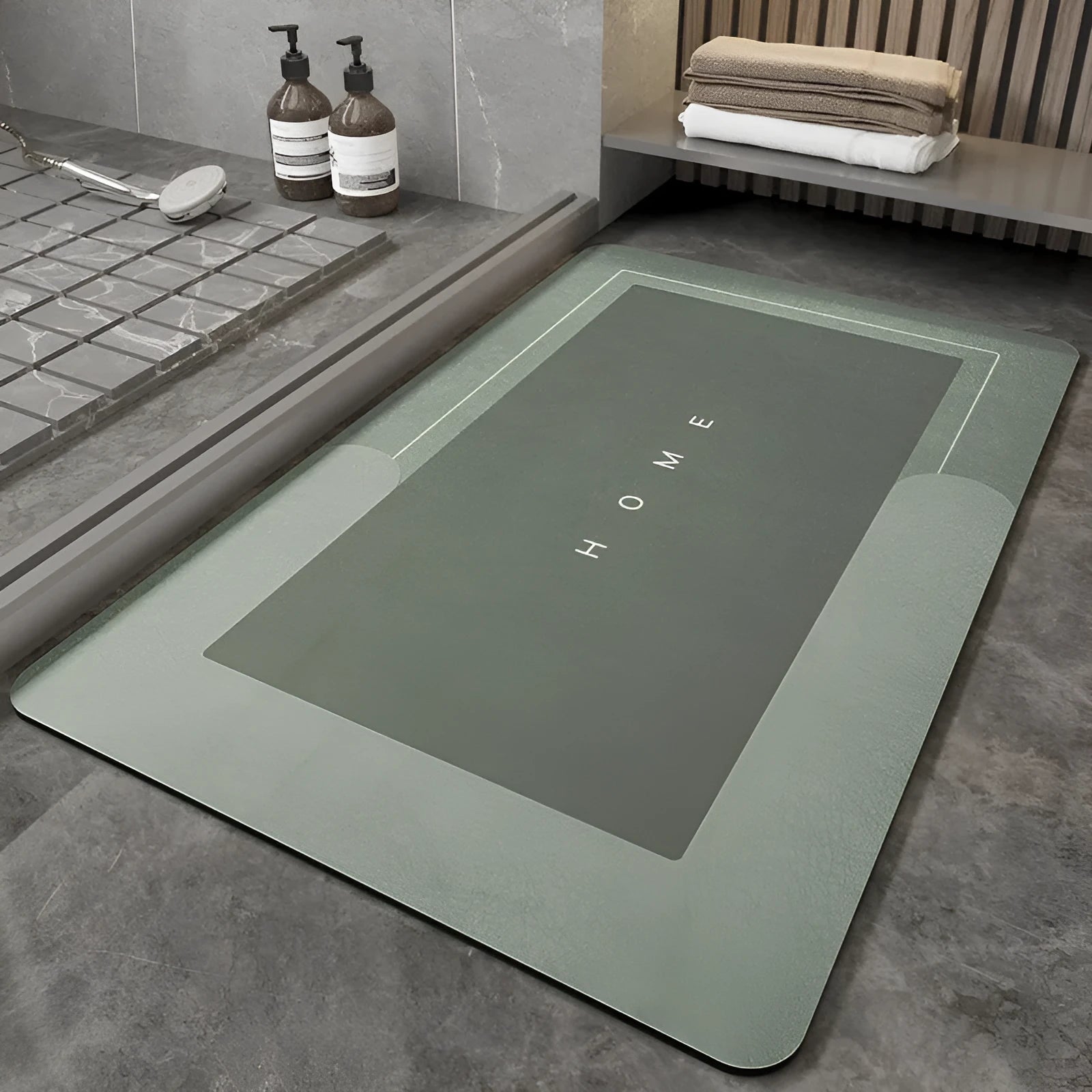 Cushioned blue oval bathroom floor mat on tiled flooring