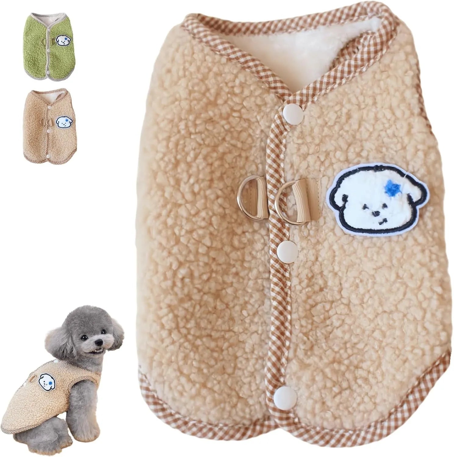 Green coral fleece dog vest with a metal leash ring on the back for a small dog.