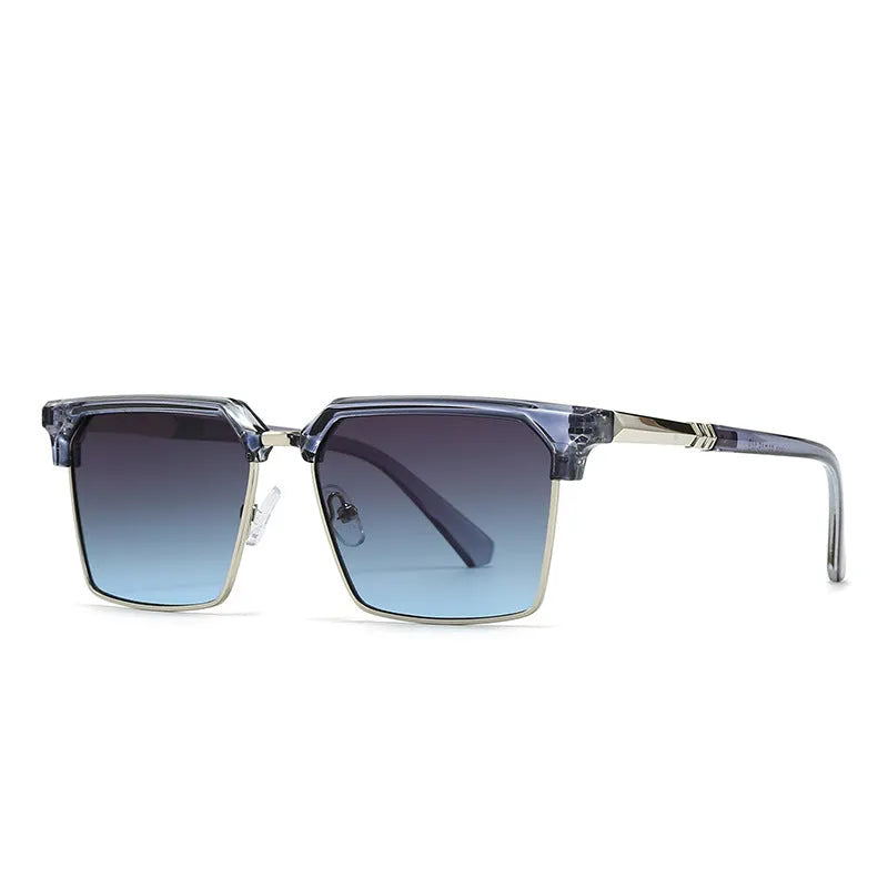 Men's square sunglasses with plastic box-style frames showing six colour options including black silver black grey and dried tea frame