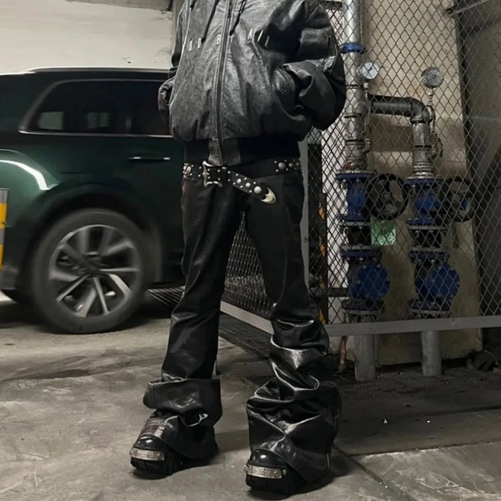 Black women's skinny jeans with a shiny patent leather-like coating and straight-leg fit