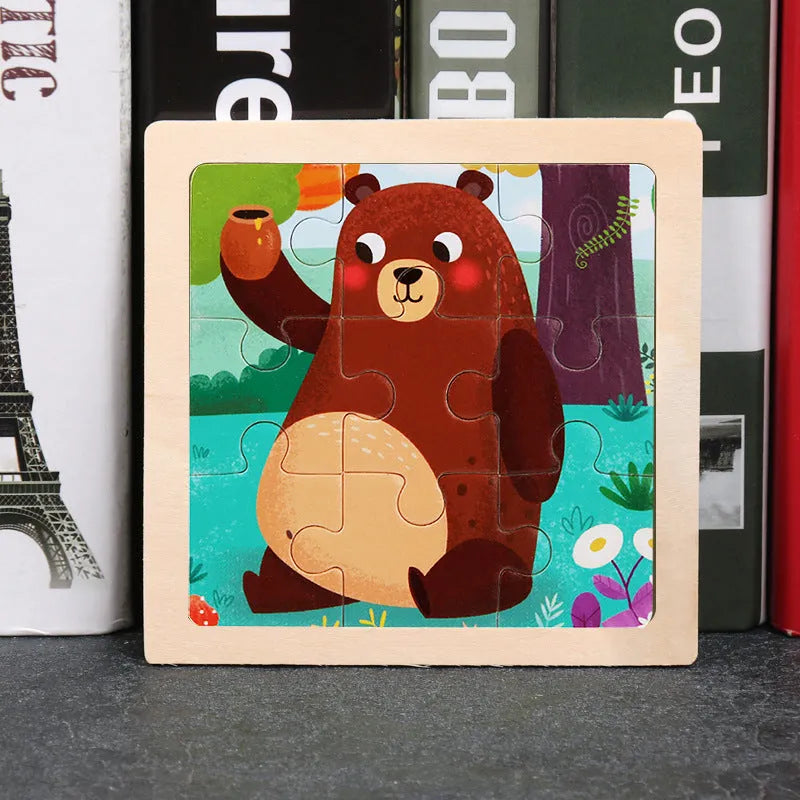 Children's wooden flat puzzle 11x11x0.4 cm with bear theme in blister pack